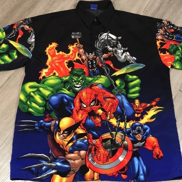 Marvel Comics Vintage All Over Print Superheroes Button Front Short Sleeve - Picture 5 of 13